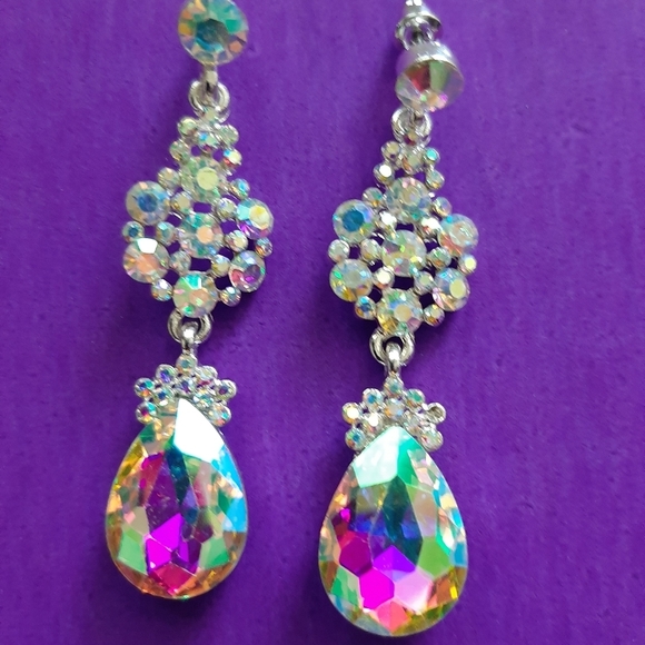 Silver Crystal AB Rhinestone Wedding Bridal Bridesmaid Prom Dangle Drop Earrings - Picture 4 of 4